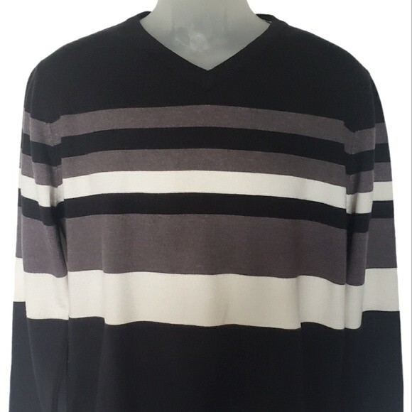 Scott James Sweater Mens Size L V-Neck Black Gray Cream Striped Preppy Academia - Picture 4 of 6